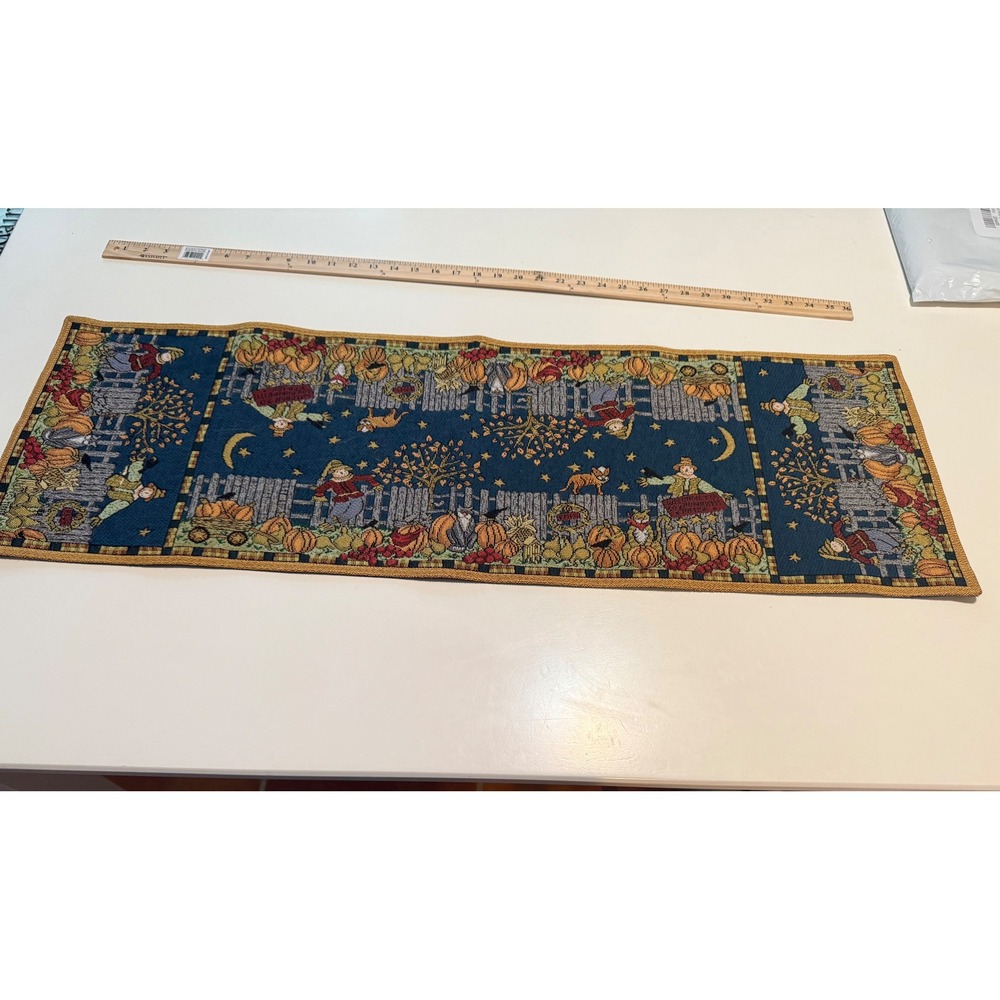 Vintage Fall Harvest Tapestry Table Runner Scarecrow Pumpkin Navy Blue 38 Inch